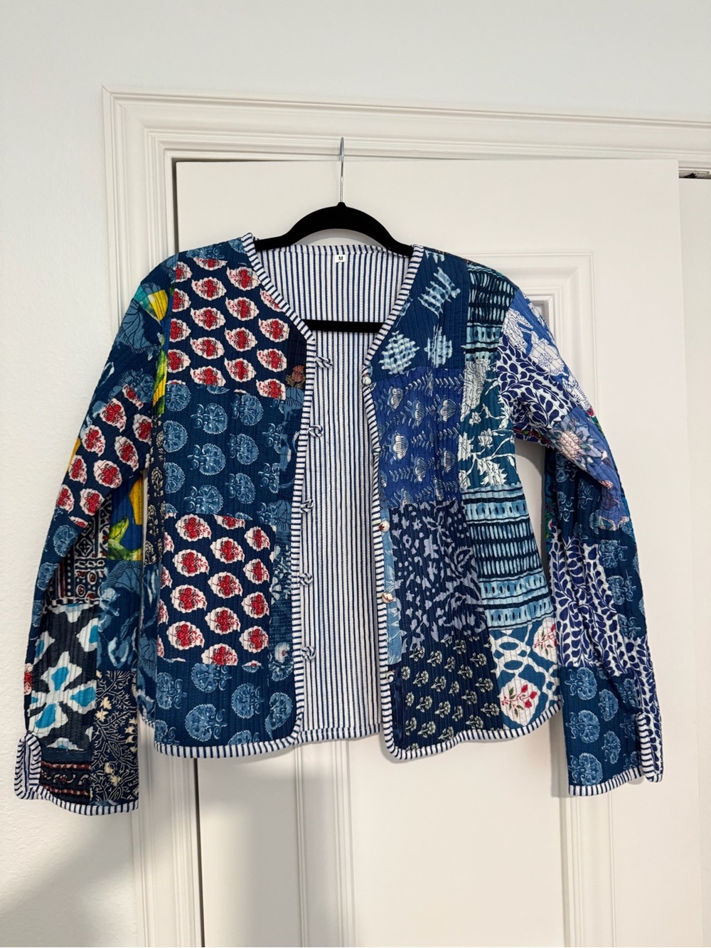 Indigo Patchwork Cotton Jacket with Striped Trim